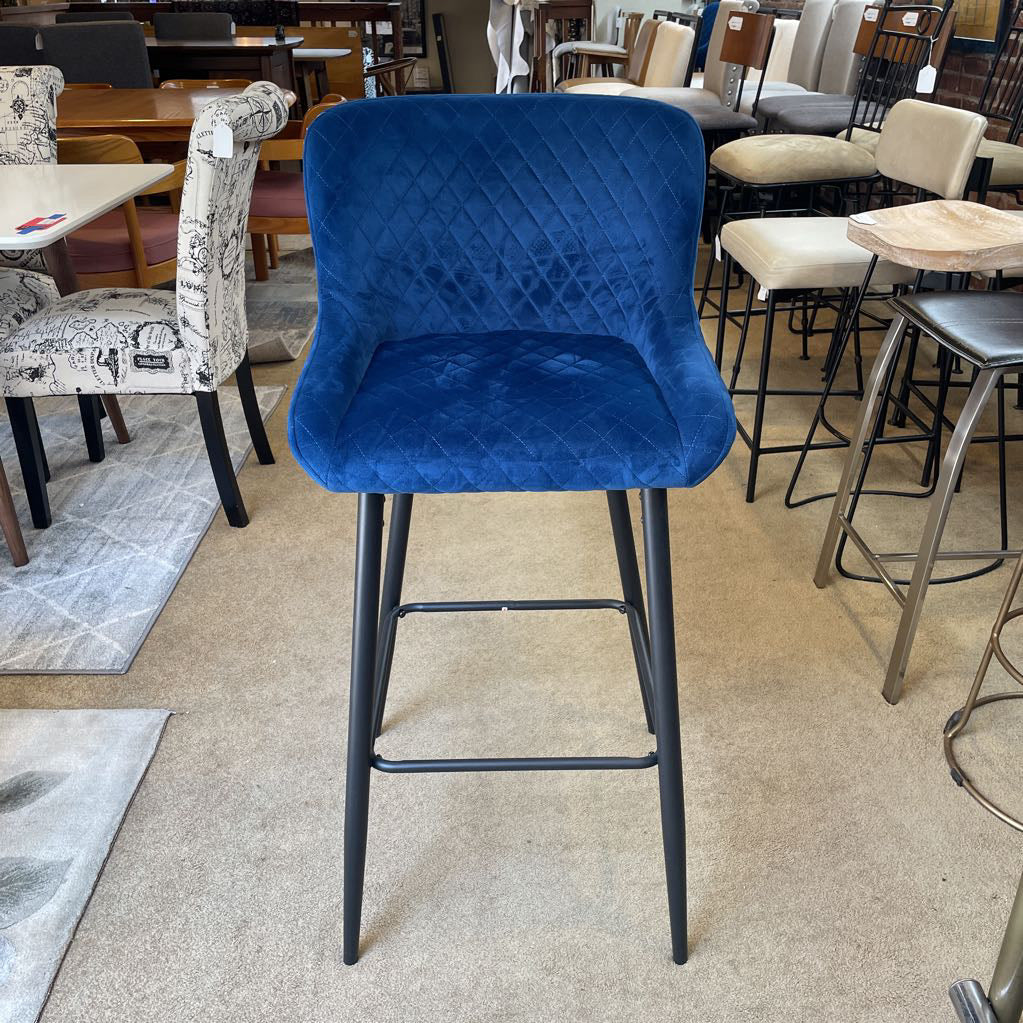 Blue Quilted Velvet Counter Stool