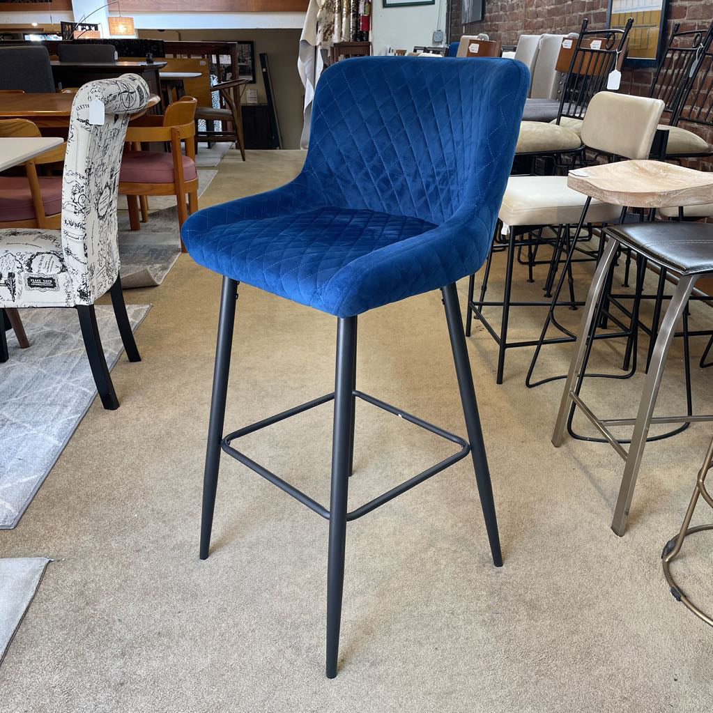 Blue Quilted Velvet Counter Stool