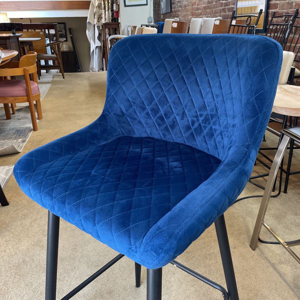Blue Quilted Velvet Counter Stool