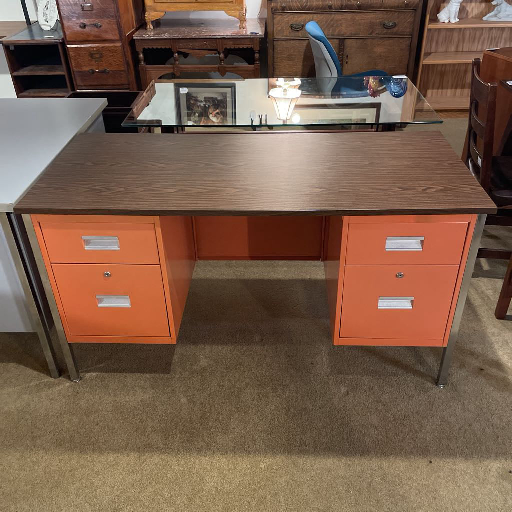 Orange Metal Drawer Desk w/ Wood Laminate Top