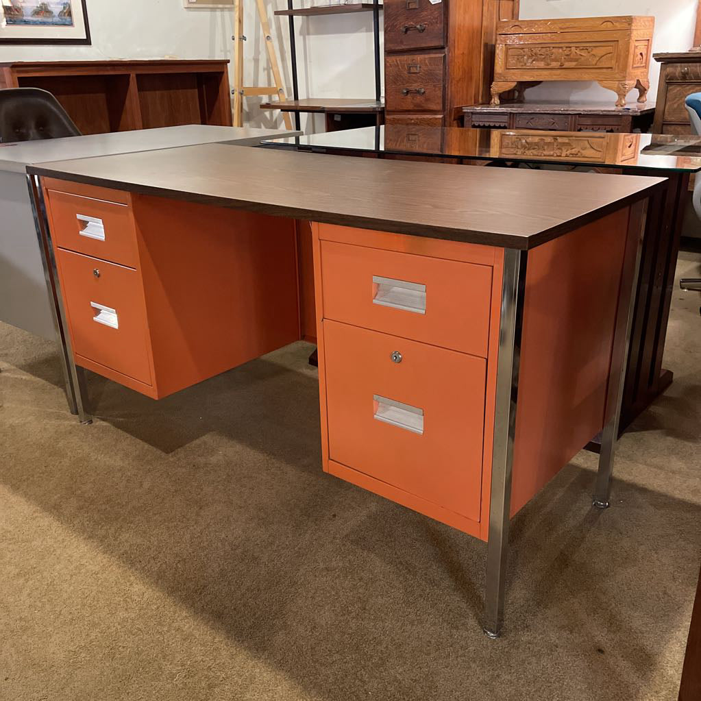 Orange Metal Drawer Desk w/ Wood Laminate Top