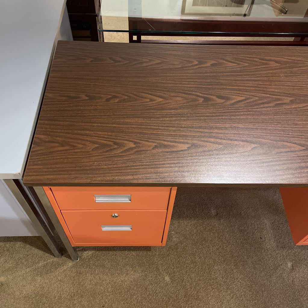 Orange Metal Drawer Desk w/ Wood Laminate Top