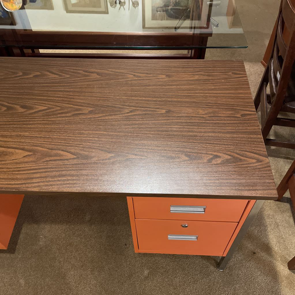 Orange Metal Drawer Desk w/ Wood Laminate Top