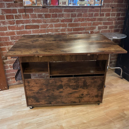 Rustic Faux Wood Drop Leaf Bar Console on Wheels
