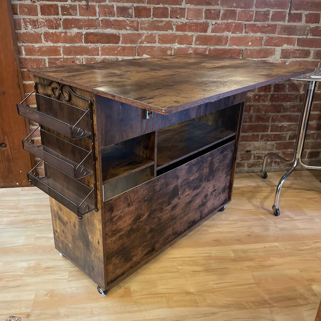 Rustic Faux Wood Drop Leaf Bar Console on Wheels