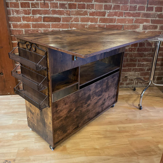 Rustic Faux Wood Drop Leaf Bar Console on Wheels C BAR CARTS