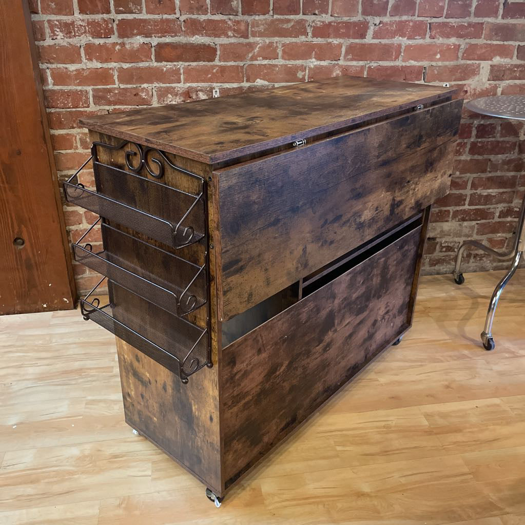 Rustic Faux Wood Drop Leaf Bar Console on Wheels