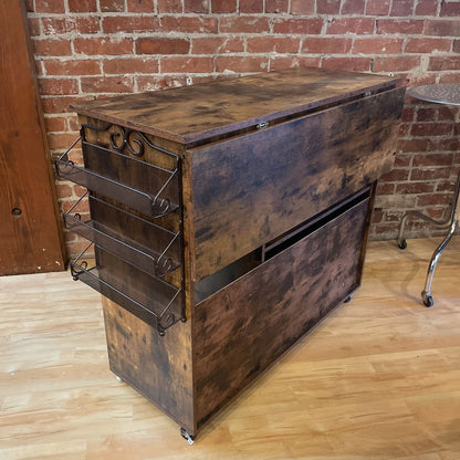 Rustic Faux Wood Drop Leaf Bar Console on Wheels