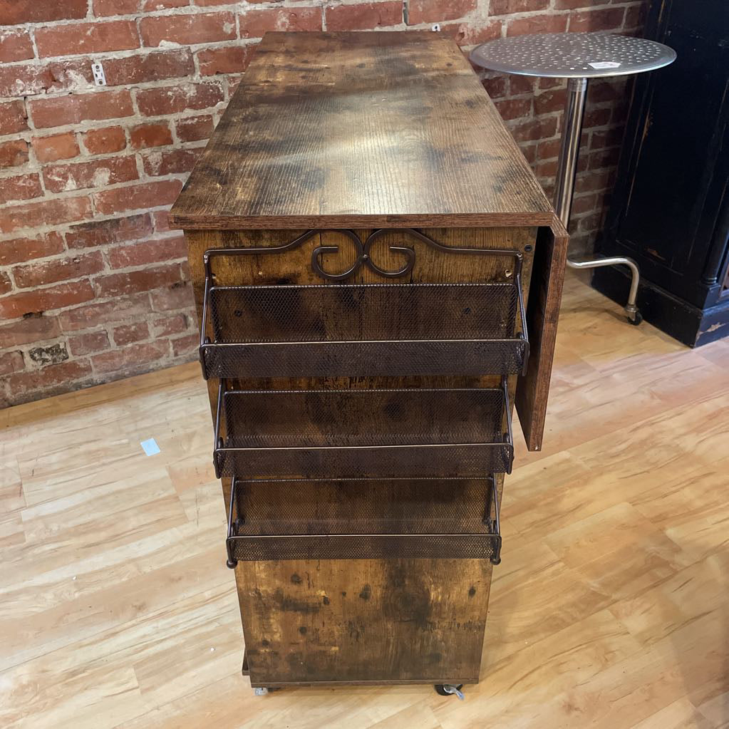 Rustic Faux Wood Drop Leaf Bar Console on Wheels