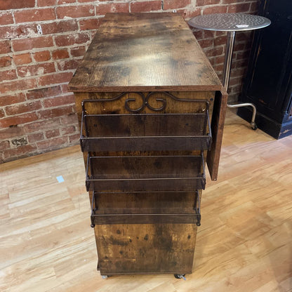 Rustic Faux Wood Drop Leaf Bar Console on Wheels