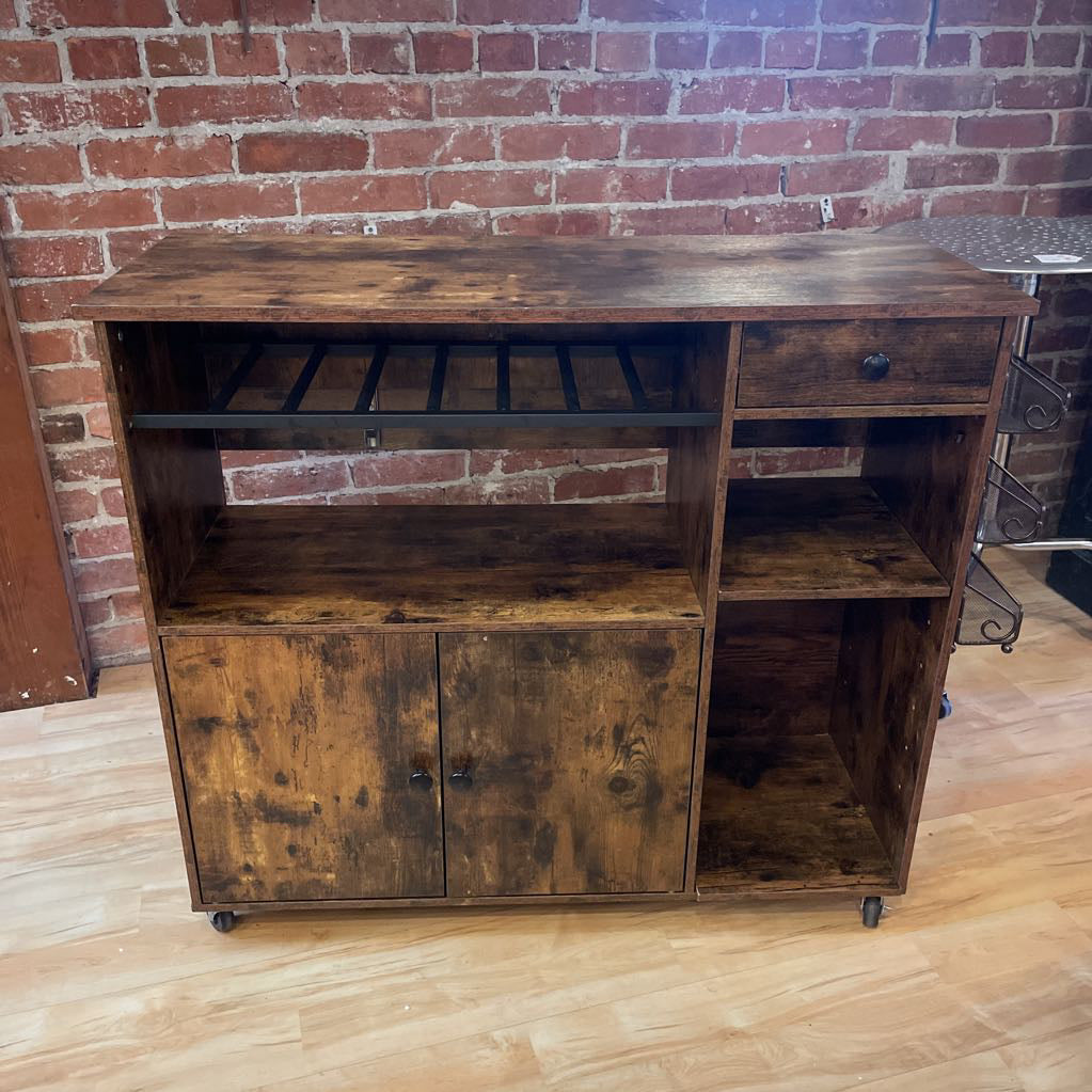Rustic Faux Wood Drop Leaf Bar Console on Wheels