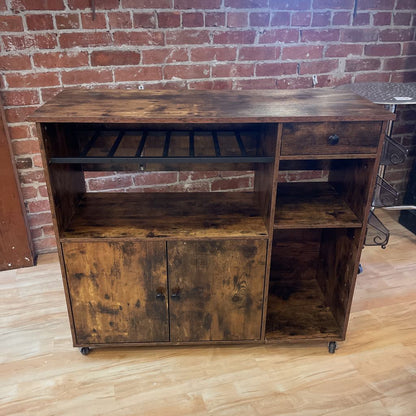 Rustic Faux Wood Drop Leaf Bar Console on Wheels