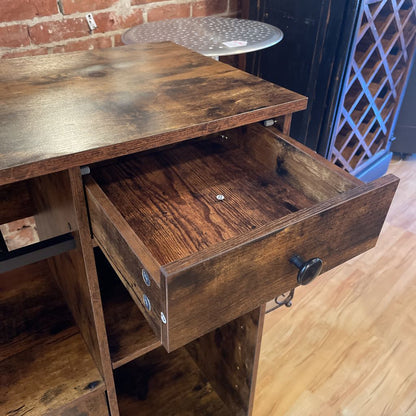 Rustic Faux Wood Drop Leaf Bar Console on Wheels
