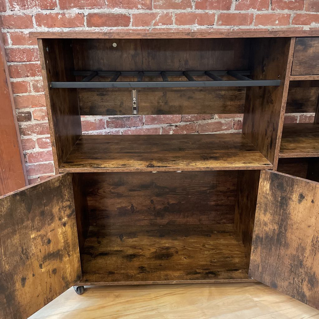 Rustic Faux Wood Drop Leaf Bar Console on Wheels