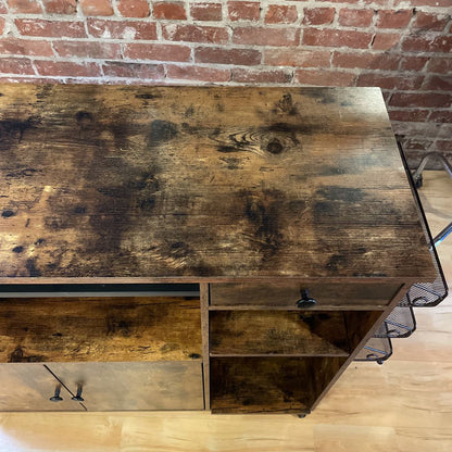 Rustic Faux Wood Drop Leaf Bar Console on Wheels
