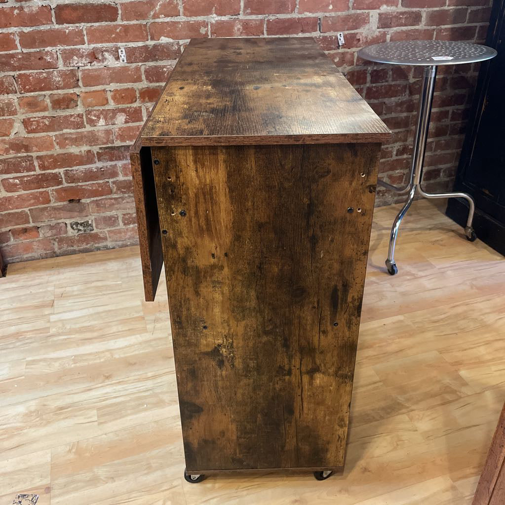 Rustic Faux Wood Drop Leaf Bar Console on Wheels