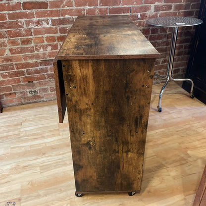 Rustic Faux Wood Drop Leaf Bar Console on Wheels