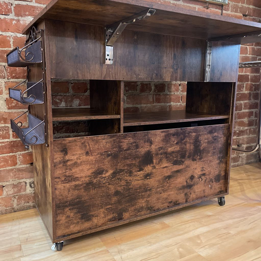 Rustic Faux Wood Drop Leaf Bar Console on Wheels