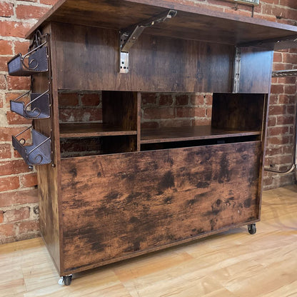Rustic Faux Wood Drop Leaf Bar Console on Wheels