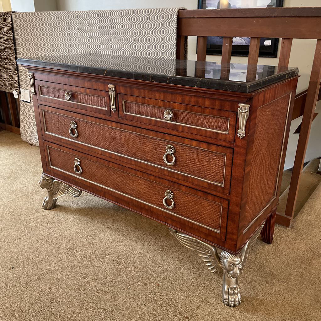 Black Marble Top 6 Drawer Lowboy w/ Woven Shelves + Silver Finish Winged Creature Legs