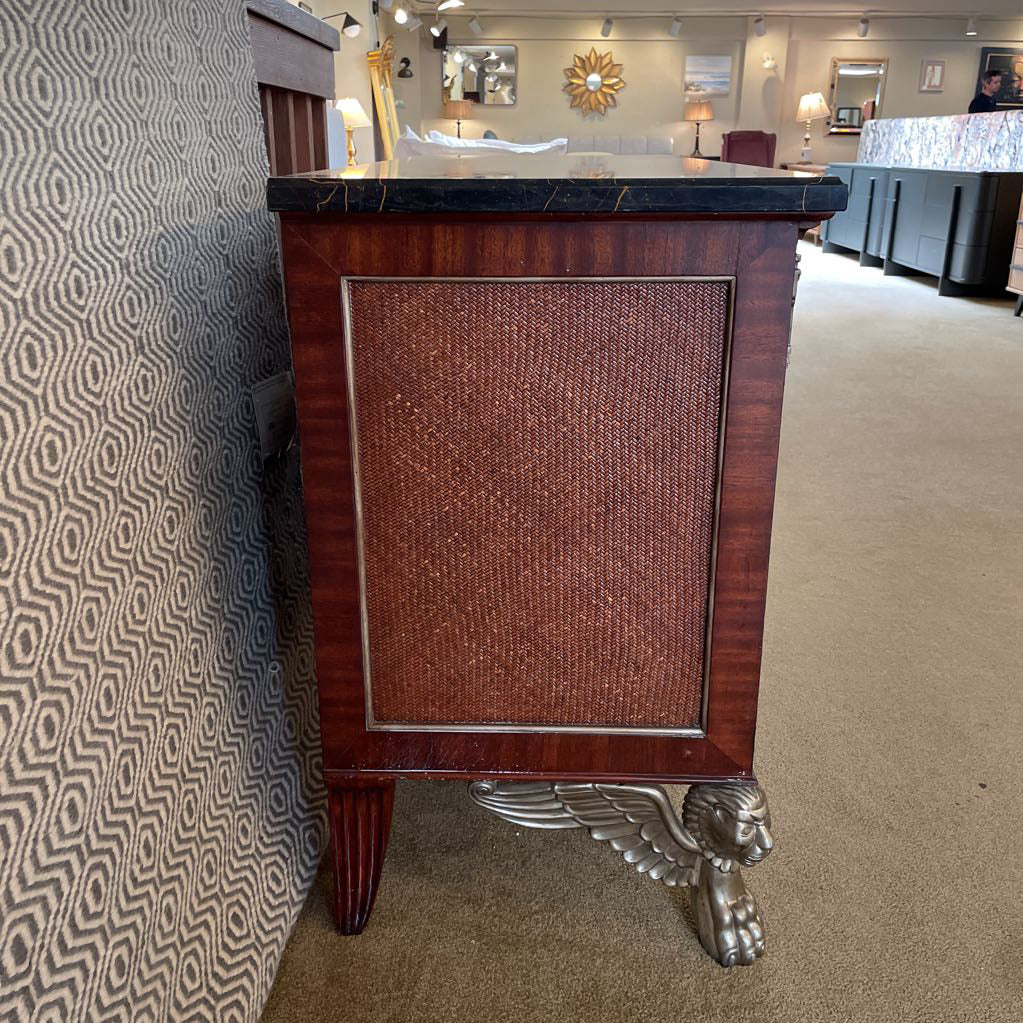 Black Marble Top 6 Drawer Lowboy w/ Woven Shelves + Silver Finish Winged Creature Legs