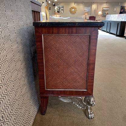 Black Marble Top 6 Drawer Lowboy w/ Woven Shelves + Silver Finish Winged Creature Legs