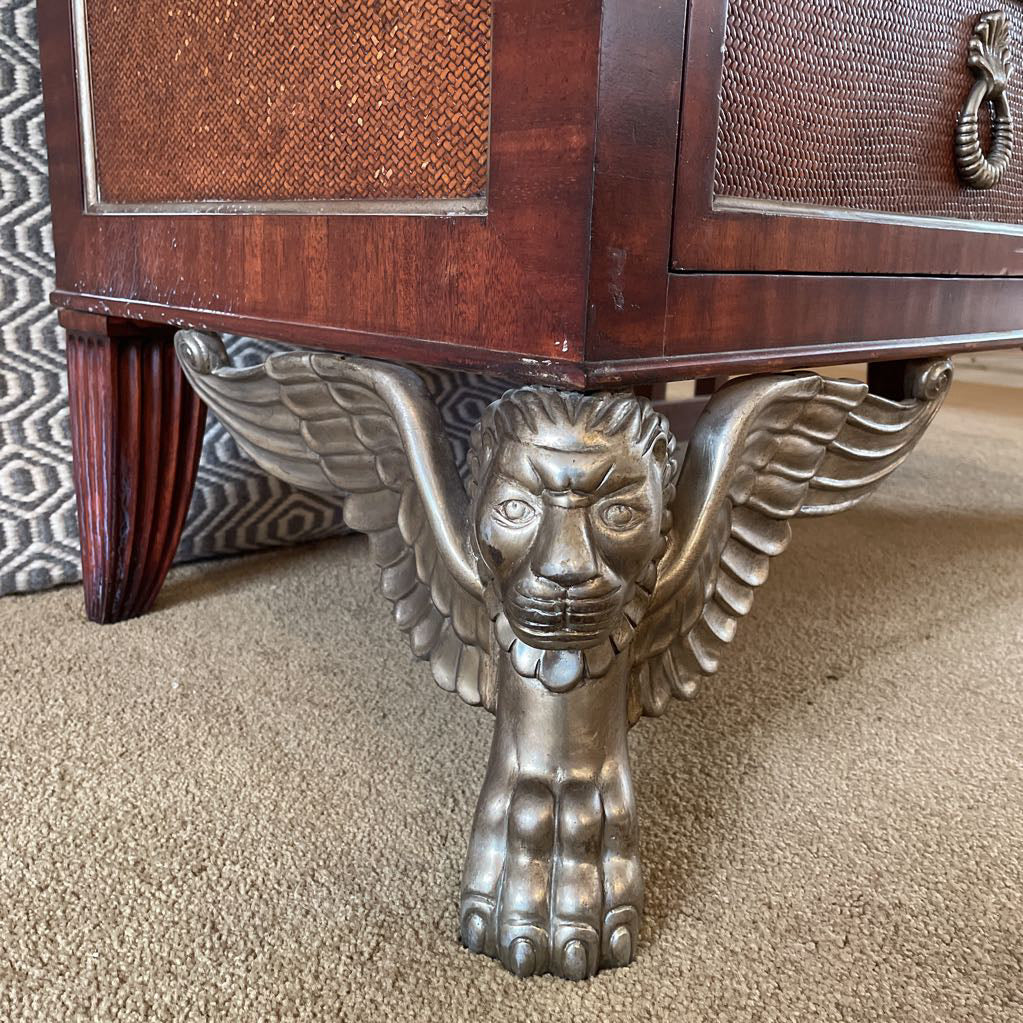 Black Marble Top 6 Drawer Lowboy w/ Woven Shelves + Silver Finish Winged Creature Legs
