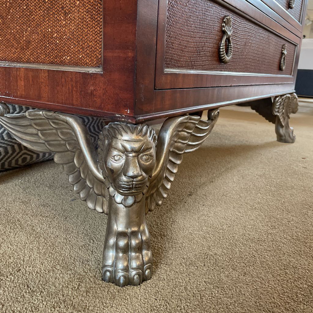 Black Marble Top 6 Drawer Lowboy w/ Woven Shelves + Silver Finish Winged Creature Legs