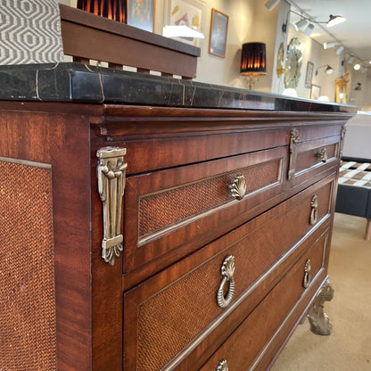 Black Marble Top 6 Drawer Lowboy w/ Woven Shelves + Silver Finish Winged Creature Legs