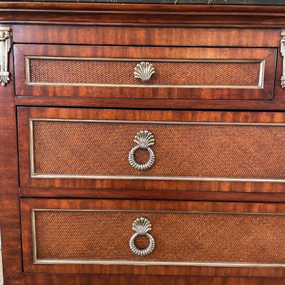 Black Marble Top 6 Drawer Lowboy w/ Woven Shelves + Silver Finish Winged Creature Legs