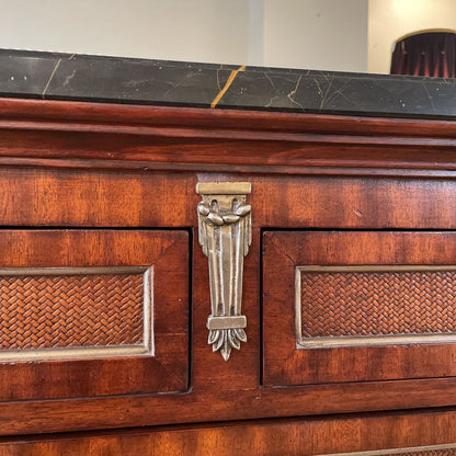 Black Marble Top 6 Drawer Lowboy w/ Woven Shelves + Silver Finish Winged Creature Legs