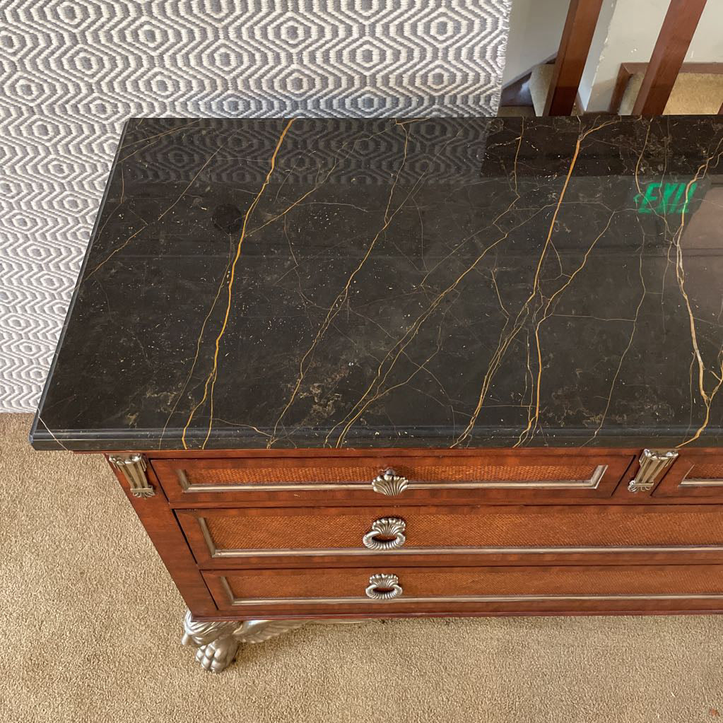 Black Marble Top 6 Drawer Lowboy w/ Woven Shelves + Silver Finish Winged Creature Legs
