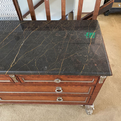 Black Marble Top 6 Drawer Lowboy w/ Woven Shelves + Silver Finish Winged Creature Legs