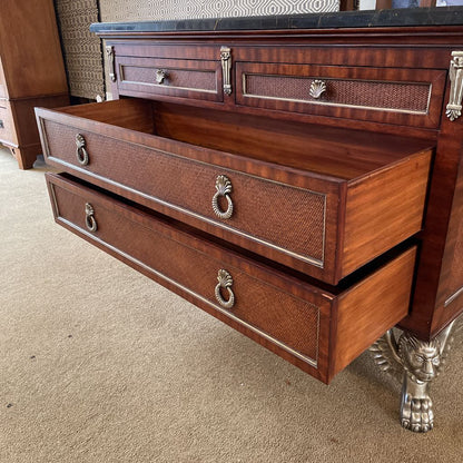 Black Marble Top 6 Drawer Lowboy w/ Woven Shelves + Silver Finish Winged Creature Legs