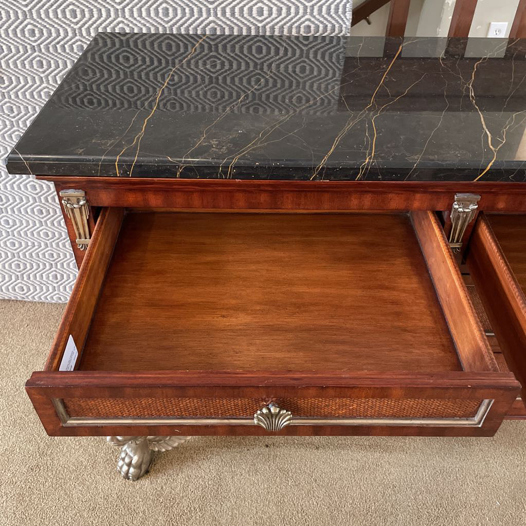 Black Marble Top 6 Drawer Lowboy w/ Woven Shelves + Silver Finish Winged Creature Legs