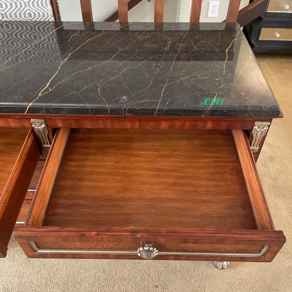 Black Marble Top 6 Drawer Lowboy w/ Woven Shelves + Silver Finish Winged Creature Legs