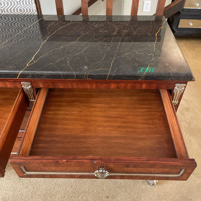 Black Marble Top 6 Drawer Lowboy w/ Woven Shelves + Silver Finish Winged Creature Legs
