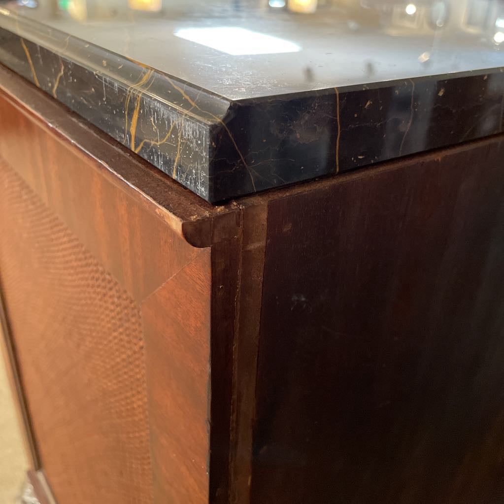 Black Marble Top 6 Drawer Lowboy w/ Woven Shelves + Silver Finish Winged Creature Legs