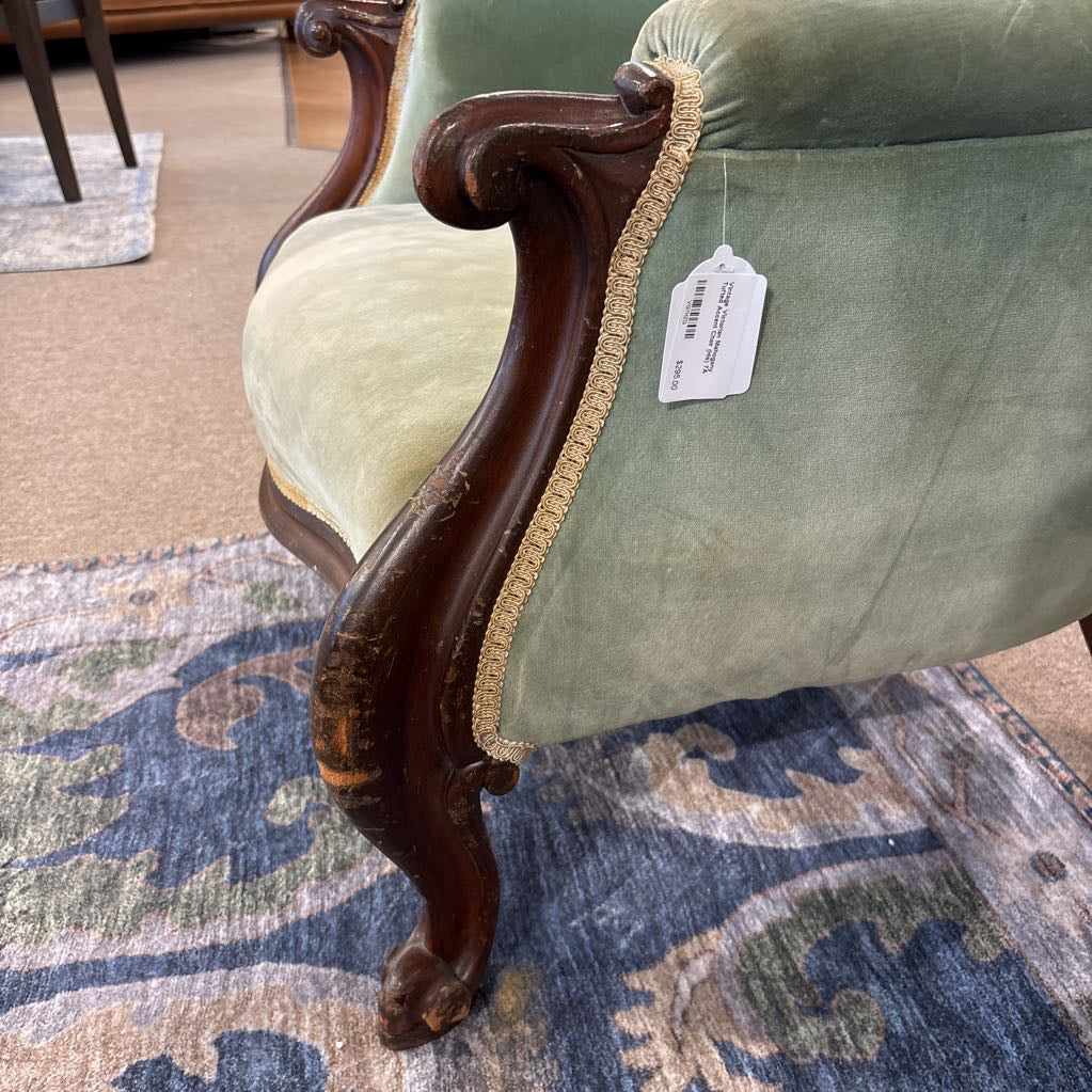 Vintage Victorian Mahogany Tufted Accent Chair (His)