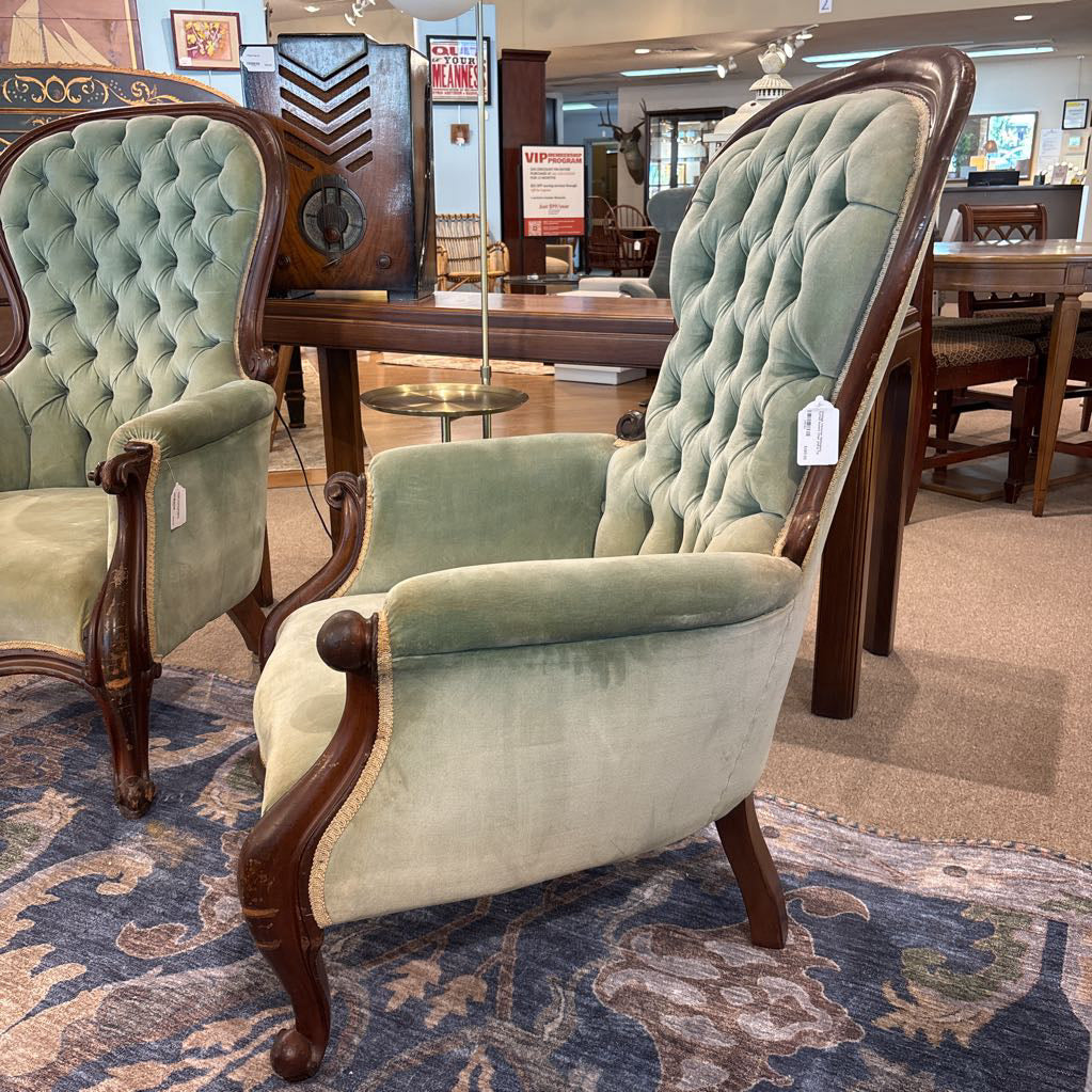 Vintage Victorian Mahogany Tufted Accent Chair (Hers)
