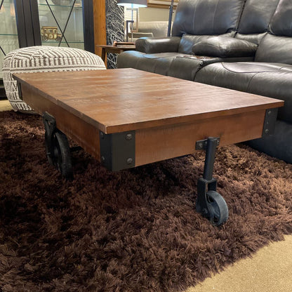 Wood Plank Coffee Table w/ Black Metal Corner Brackets & Wheels C COFFEE TABLES