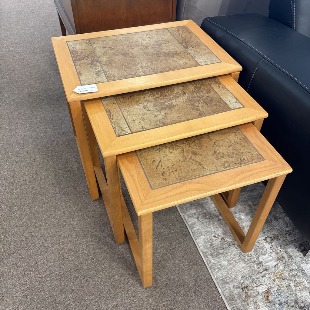 Stone Top Natural Wood Nesting Side Table