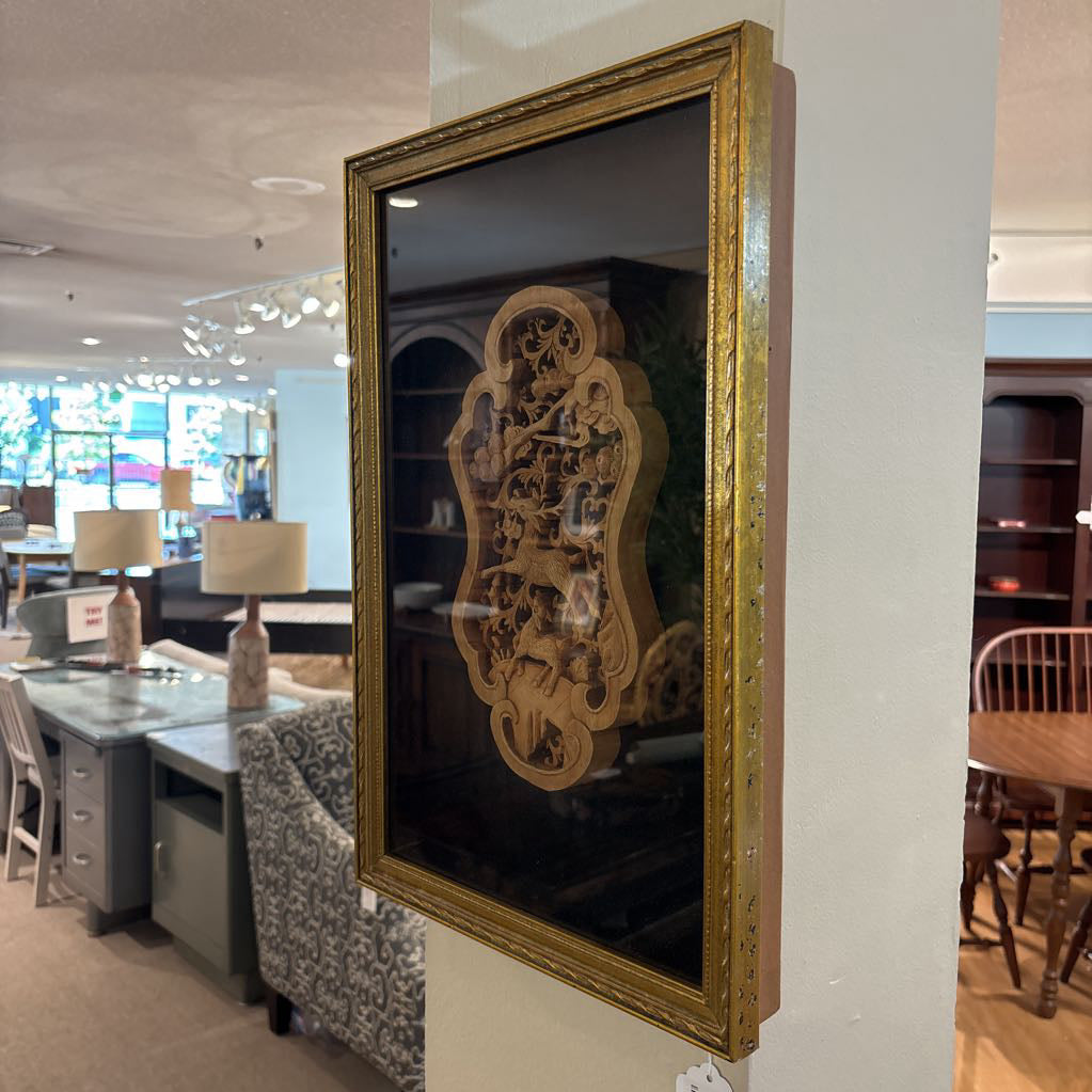 East Asian Vintage Wood Carving Shadow Box ART