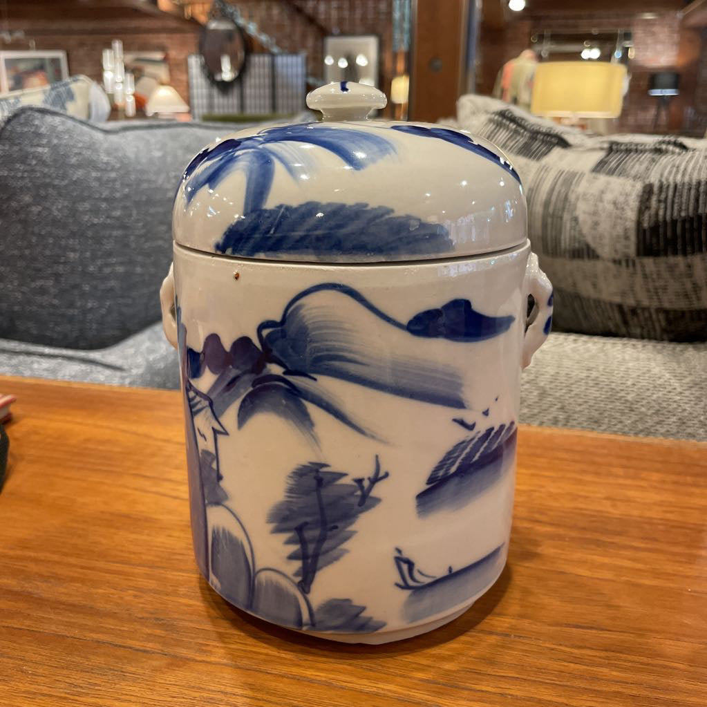 Blue & White Pottery Asian Lake Scene Tea Jar(has 2 lids)