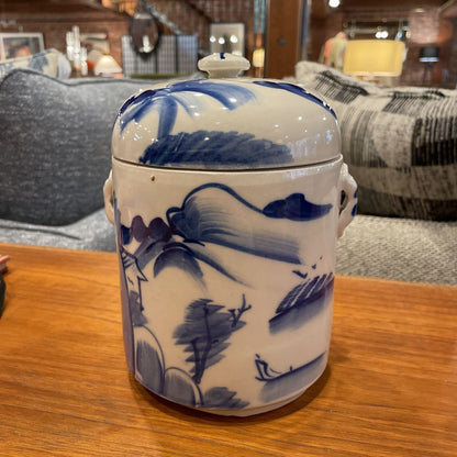 Blue & White Pottery Asian Lake Scene Tea Jar(has 2 lids)