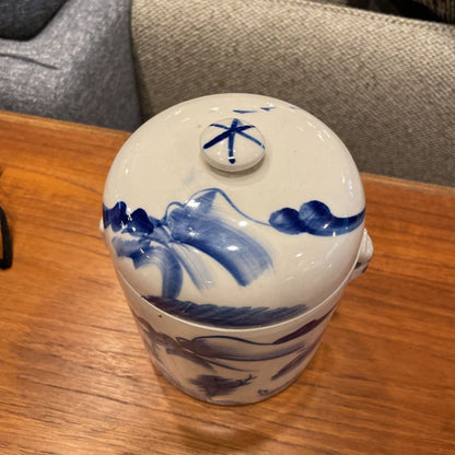 Blue & White Pottery Asian Lake Scene Tea Jar(has 2 lids)