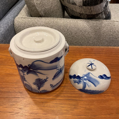 Blue & White Pottery Asian Lake Scene Tea Jar(has 2 lids)