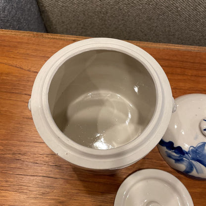 Blue & White Pottery Asian Lake Scene Tea Jar(has 2 lids)