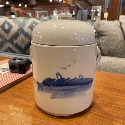 Blue & White Pottery Asian Lake Scene Tea Jar(has 2 lids)