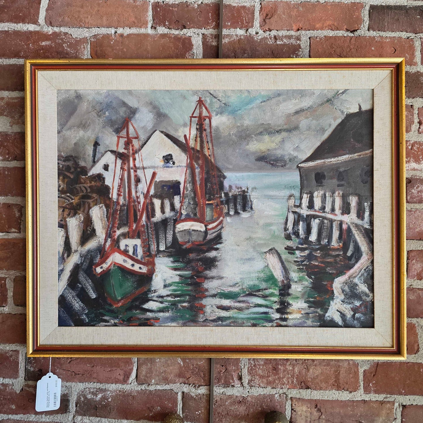 Stormy Harbor with red-Masted Fishing Boats Art